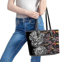 Hawaiian and Japanese Together Leather Tote Bag Polynesian Triball Tattoo Koi Carps and Sakura