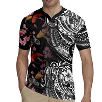 Hawaiian and Japanese Together Rugby Jersey Polynesian Triball Tattoo Koi Carps and Sakura