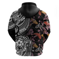 Hawaiian and Japanese Together Zip Hoodie Polynesian Triball Tattoo Koi Carps and Sakura