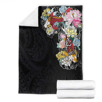 Hawaiian and Japanese Together Blanket Colorful Traditional Japanese Tattoo and Kakau Pattern Black Color