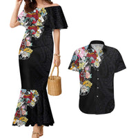 Hawaiian and Japanese Together Couples Matching Mermaid Dress and Hawaiian Shirt Colorful Traditional Japanese Tattoo and Kakau Pattern Black Color