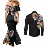 Hawaiian and Japanese Together Couples Matching Mermaid Dress and Long Sleeve Button Shirt Colorful Traditional Japanese Tattoo and Kakau Pattern Black Color