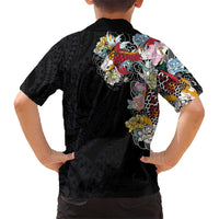 Hawaiian and Japanese Together Kid Hawaiian Shirt Colorful Traditional Japanese Tattoo and Kakau Pattern Black Color