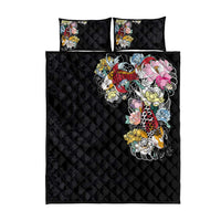 Hawaiian and Japanese Together Quilt Bed Set Colorful Traditional Japanese Tattoo and Kakau Pattern Black Color