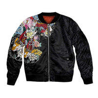 Hawaiian and Japanese Together Sleeve Zip Bomber Jacket Colorful Traditional Japanese Tattoo and Kakau Pattern Black Color