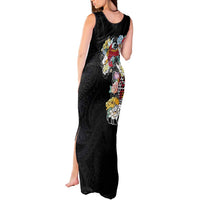 Hawaiian and Japanese Together Tank Maxi Dress Colorful Traditional Japanese Tattoo and Kakau Pattern Black Color