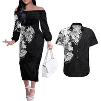 Hawaiian and Japanese Together Couples Matching Off The Shoulder Long Sleeve Dress and Hawaiian Shirt Japanese Koi Fish Tattoo and Kakau Pattern Black Color