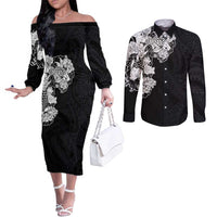Hawaiian and Japanese Together Couples Matching Off The Shoulder Long Sleeve Dress and Long Sleeve Button Shirt Japanese Koi Fish Tattoo and Kakau Pattern Black Color
