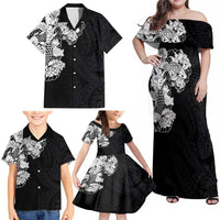 Hawaiian and Japanese Together Family Matching Off Shoulder Maxi Dress and Hawaiian Shirt Japanese Koi Fish Tattoo and Kakau Pattern Black Color