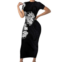 Hawaiian and Japanese Together Short Sleeve Bodycon Dress Japanese Koi Fish Tattoo and Kakau Pattern Black Color