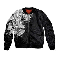 Hawaiian and Japanese Together Sleeve Zip Bomber Jacket Japanese Koi Fish Tattoo and Kakau Pattern Black Color