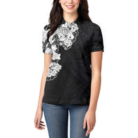 Hawaiian and Japanese Together Women Polo Shirt Japanese Koi Fish Tattoo and Kakau Pattern Black Color