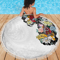 Hawaiian and Japanese Together Beach Blanket Colorful Traditional Japanese Tattoo and Kakau Pattern White Color