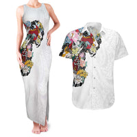 Hawaiian and Japanese Together Couples Matching Tank Maxi Dress and Hawaiian Shirt Colorful Traditional Japanese Tattoo and Kakau Pattern White Color