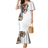 Hawaiian and Japanese Together Family Matching Mermaid Dress and Hawaiian Shirt Colorful Traditional Japanese Tattoo and Kakau Pattern White Color