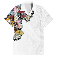 Hawaiian and Japanese Together Family Matching Puletasi and Hawaiian Shirt Colorful Traditional Japanese Tattoo and Kakau Pattern White Color