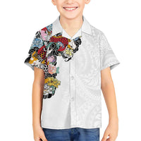 Hawaiian and Japanese Together Family Matching Short Sleeve Bodycon Dress and Hawaiian Shirt Colorful Traditional Japanese Tattoo and Kakau Pattern White Color