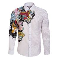 Hawaiian and Japanese Together Family Matching Tank Maxi Dress and Hawaiian Shirt Colorful Traditional Japanese Tattoo and Kakau Pattern White Color