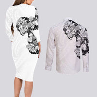 Hawaiian and Japanese Together Couples Matching Long Sleeve Bodycon Dress and Long Sleeve Button Shirt Japanese Koi Fish Tattoo and Kakau Pattern White Color