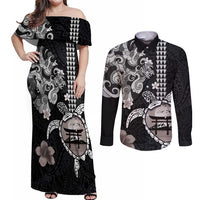 Hawaiian and Japanese Together Couples Matching Off Shoulder Maxi Dress and Long Sleeve Button Shirt Japanese Culture and Turtle Kakau Tattoo Black Color