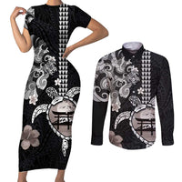 Hawaiian and Japanese Together Couples Matching Short Sleeve Bodycon Dress and Long Sleeve Button Shirt Japanese Culture and Turtle Kakau Tattoo Black Color