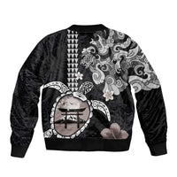 Hawaiian and Japanese Together Sleeve Zip Bomber Jacket Japanese Culture and Turtle Kakau Tattoo Black Color