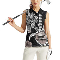 Hawaiian and Japanese Together Women Sleeveless Polo Shirt Japanese Culture and Turtle Kakau Tattoo Black Color