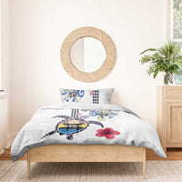 Hawaiian and Japanese Together Bedding Set Japanese Culture and Turtle Kakau Tattoo White Color