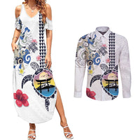 Hawaiian and Japanese Together Couples Matching Summer Maxi Dress and Long Sleeve Button Shirt Japanese Culture and Turtle Kakau Tattoo White Color