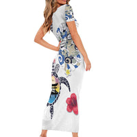 Hawaiian and Japanese Together Short Sleeve Bodycon Dress Japanese Culture and Turtle Kakau Tattoo White Color