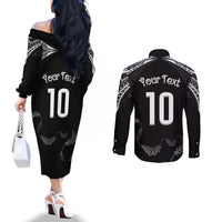 New Zealand Rugby Custom Couples Matching Off The Shoulder Long Sleeve Dress and Long Sleeve Button Shirt Aotearoa Armour Blacks Silver Ferns - Polynesian Pride