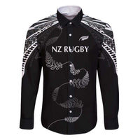 New Zealand Rugby Custom Family Matching Off The Shoulder Long Sleeve Dress and Hawaiian Shirt Aotearoa Armour Blacks Silver Ferns - Polynesian Pride