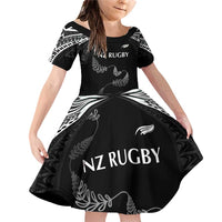 New Zealand Rugby Custom Family Matching Off Shoulder Short Dress and Hawaiian Shirt Aotearoa Armour Blacks Silver Ferns - Polynesian Pride