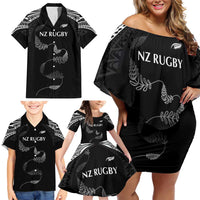 New Zealand Rugby Custom Family Matching Off Shoulder Short Dress and Hawaiian Shirt Aotearoa Armour Blacks Silver Ferns - Polynesian Pride