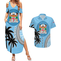 Personalised Fiji Couples Matching Summer Maxi Dress and Hawaiian Shirt Tapa Pattern Fijian Coat of Arms and Palm Tree LT03 Blue - Polynesian Pride