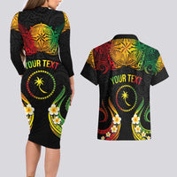 Personalised Chuuk Independence Day Couples Matching Long Sleeve Bodycon Dress and Hawaiian Shirt Polynesian Tattoo and Plumeria Reggae Color