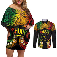 Personalised Chuuk Independence Day Couples Matching Off Shoulder Short Dress and Long Sleeve Button Shirt Polynesian Tattoo and Plumeria Reggae Color