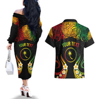 Personalised Chuuk Independence Day Couples Matching Off The Shoulder Long Sleeve Dress and Hawaiian Shirt Polynesian Tattoo and Plumeria Reggae Color