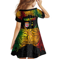 Personalised Malampa Fiji Day Family Matching Off The Shoulder Long Sleeve Dress and Hawaiian Shirt Polynesian Tattoo and Plumeria Reggae Color