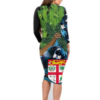 Fiji and New Zealand Tui Bird Family Matching Long Sleeve Bodycon Dress and Hawaiian Shirt Koru Fern Leafs and Palm Tree With Plumeria LT03 - Polynesian Pride