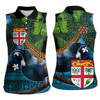 Fiji and New Zealand Tui Bird Women Sleeveless Polo Shirt Koru Fern Leafs and Palm Tree With Plumeria LT03 - Polynesian Pride