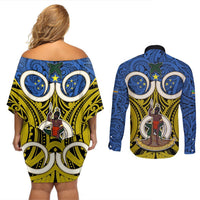 Vanuatu Tafea Province Couples Matching Off Shoulder Short Dress and Long Sleeve Button Shirts Pig Tusk Mix Maori Pattern and Namele Leaf LT03 - Polynesian Pride