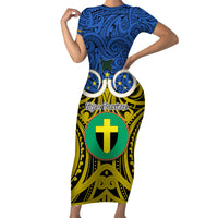 Vanuatu Tafea Province Family Matching Short Sleeve Bodycon Dress and Hawaiian Shirt Pig Tusk Mix Maori Pattern and Namele Leaf LT03 Mom's Dress Blue - Polynesian Pride