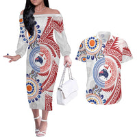 Tongan and Australian Culture Together Couples Matching Off The Shoulder Long Sleeve Dress and Hawaiian Shirt Ngatu Art Tribal Aboriginal Tattoo Pattern - Polynesian Pride
