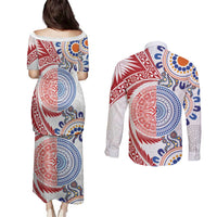Tongan and Australian Culture Together Couples Matching Puletasi and Long Sleeve Button Shirt Ngatu Art Tribal Aboriginal Tattoo Pattern - Polynesian Pride