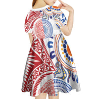 Tongan and Australian Culture Together Kid Short Sleeve Dress Ngatu Art Tribal Aboriginal Tattoo Pattern - Polynesian Pride