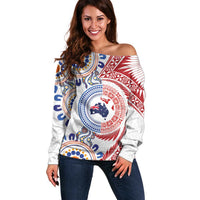 Tongan and Australian Culture Together Off Shoulder Sweater Ngatu Art Tribal Aboriginal Tattoo Pattern - Polynesian Pride