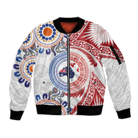 Tongan and Australian Culture Together Sleeve Zip Bomber Jacket Ngatu Art Tribal Aboriginal Tattoo Pattern - Polynesian Pride