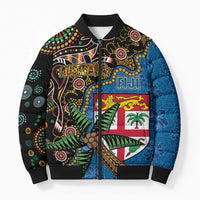 Fijian and Australian Culture Together Bomber Puffer Jacket Aboriginal Art and Tapa Motifs with Kangaroo and Palm Tree - Polynesian Pride