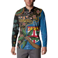 Fijian and Australian Culture Together Button Sweatshirt Aboriginal Art and Tapa Motifs with Kangaroo and Palm Tree - Polynesian Pride
